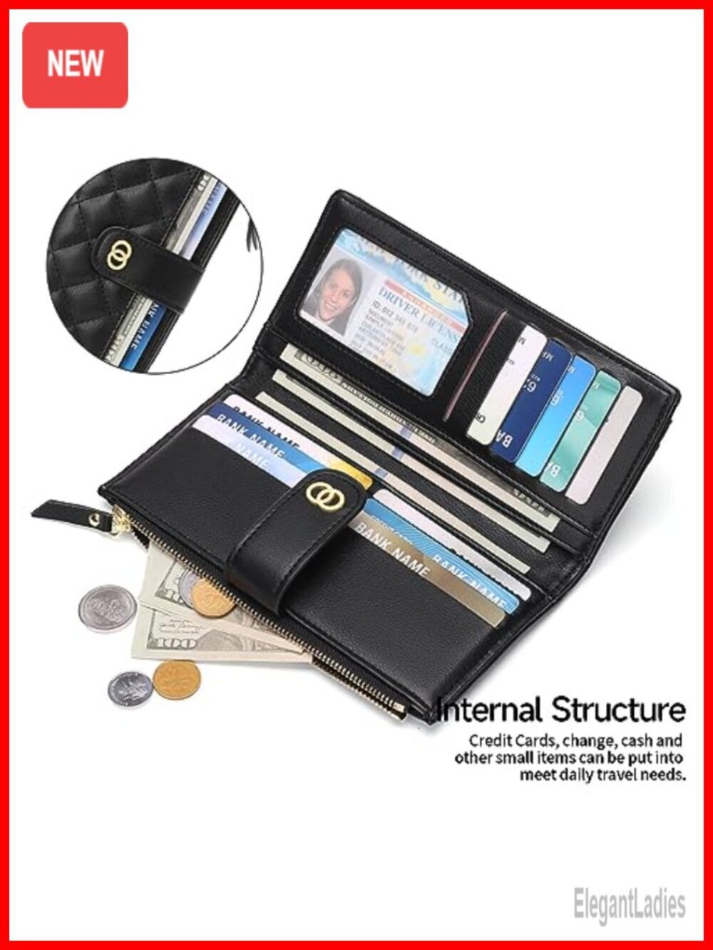 Slim RFID Blocking Bifold Wallet with Zipper Coin Pocket Faux Leather - Picture 3 of 6